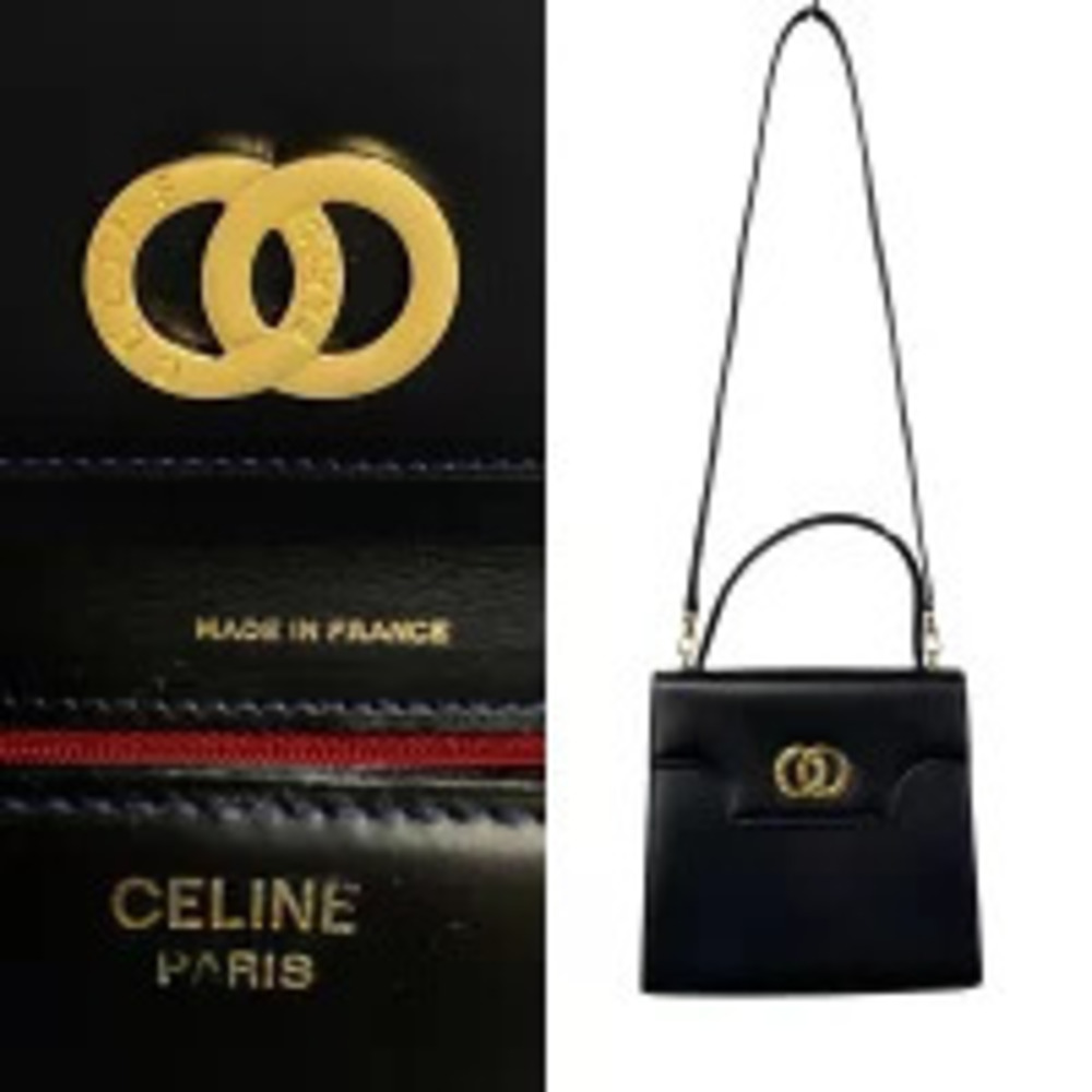 CELINE Circle Logo Calf Leather Handbag Tote Bag Shoulder Navy Blue - Picture 4 of 10